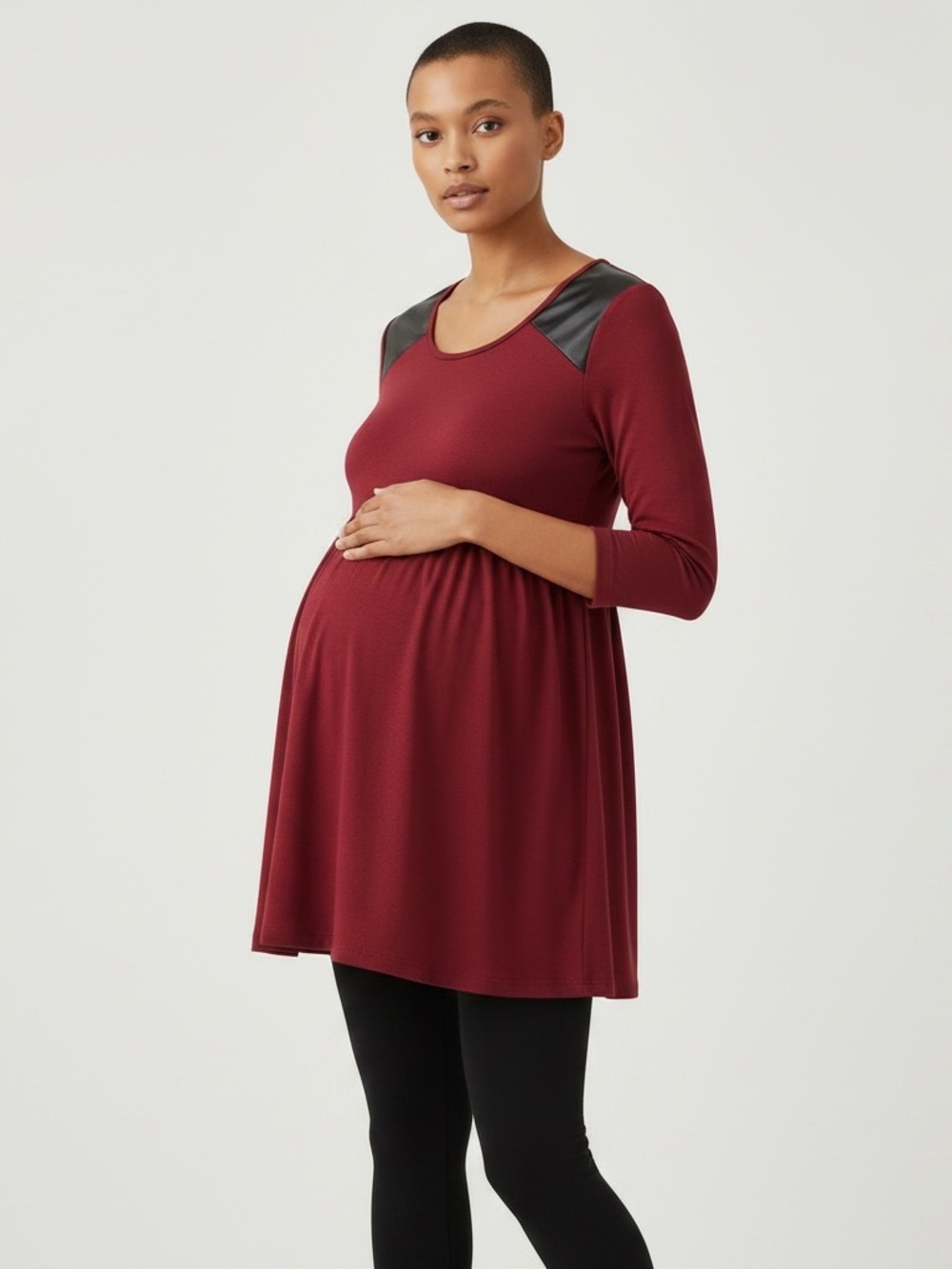Planet Motherhood S Deep Red Maternity Tunic with Faux Leather Shoulder Panels